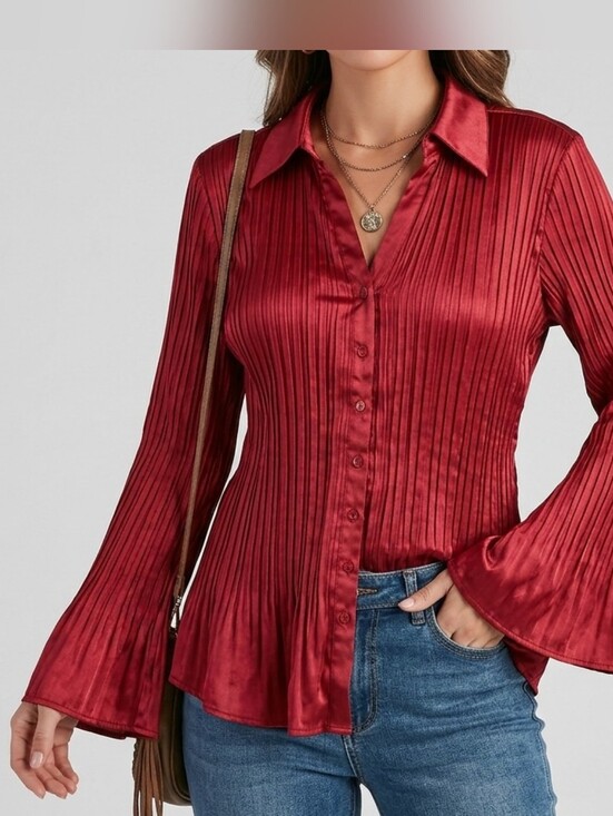 Tailor B. Moss Tops - Tailor B. Moss V Neck Red Pleated Button-Down Bell Sleeved Shirt